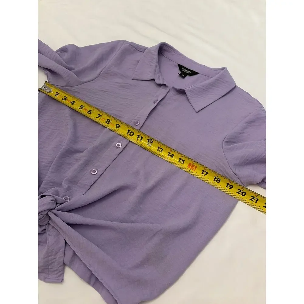 Simply Vera Vera Wang Lavender Medium Tie Front Button Up Blouse Roll Tab Sleeve - Picture 5 of 7